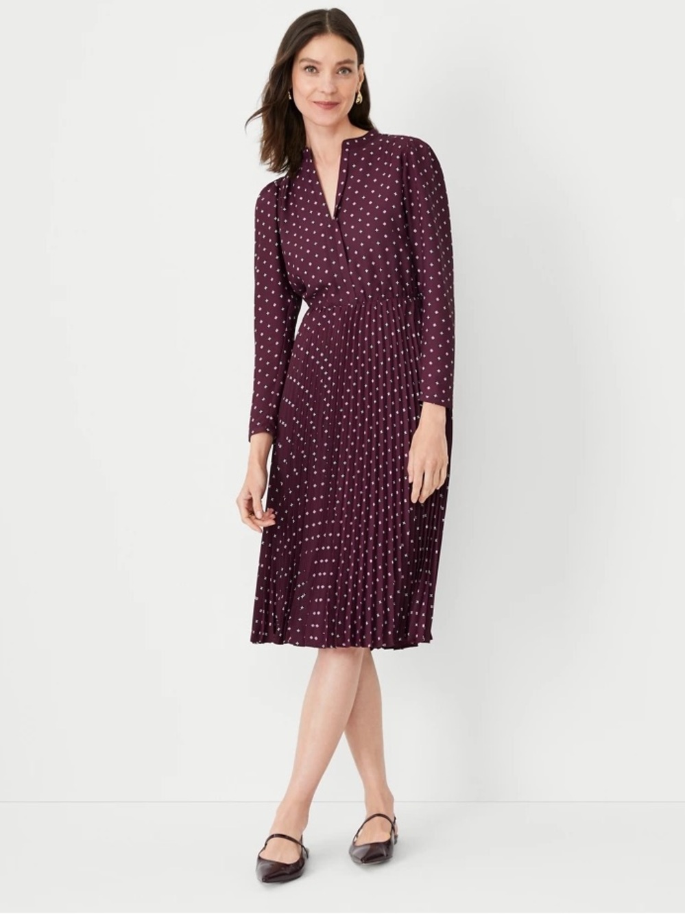 Ann Taylor Plum Polka Dot Pleated Long-Sleeve Midi Dress